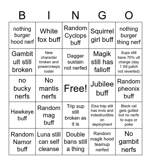 S10 balance changes (expecting the worst) Bingo Card