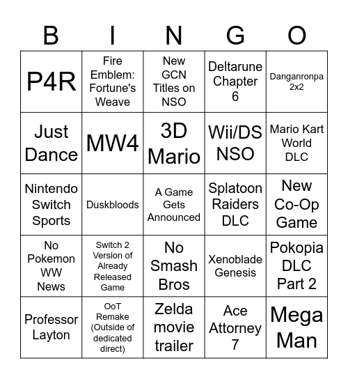09/09/2026 Nintendo Direct Bingo Card