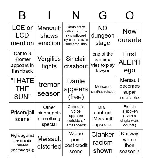 Canto x / season 8 bingo Card