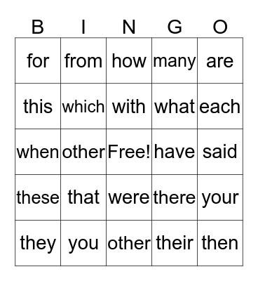 sight words Bingo Card