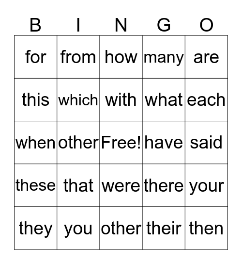 sight words Bingo Card