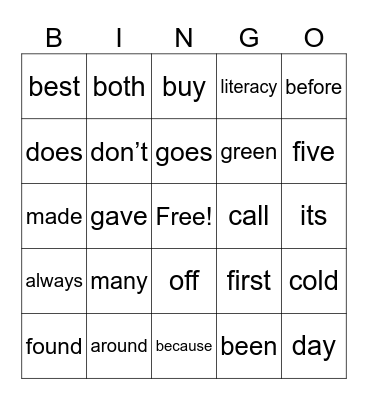 Literacy 2026 Bingo Card