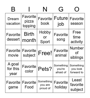 All About Me! Bingo Card