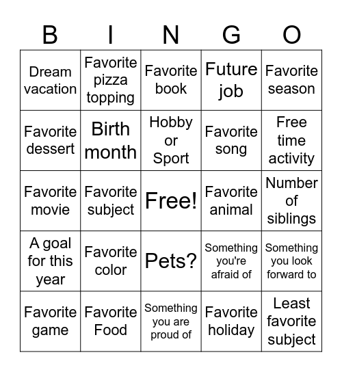 All About Me! Bingo Card