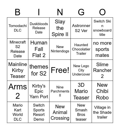 9/9/2026 Nintendo Direct Bingo! Bingo Card