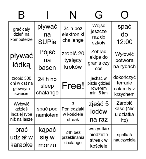 Wakacyjne bingo 2026 Bingo Card