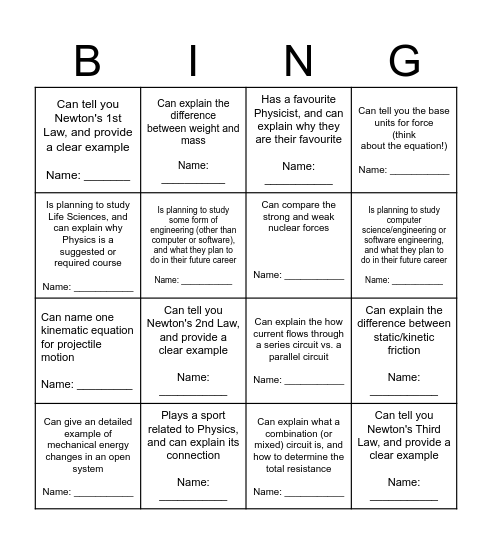 Grade 12 Physics - Review Icebreaker Bingo Card