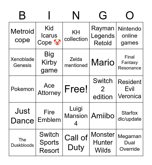 Nintendo Sept Direct 2026 Bingo Card
