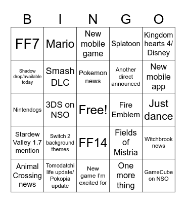 Nintendo Direct Bingo Card