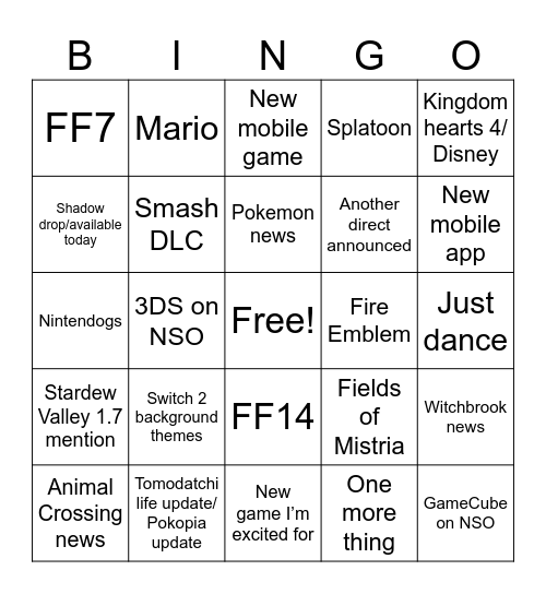 Nintendo Direct Bingo Card