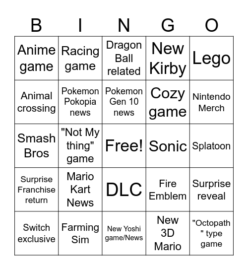Nintendo Bingo Card