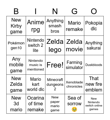 Nintendo direct Bingo Card
