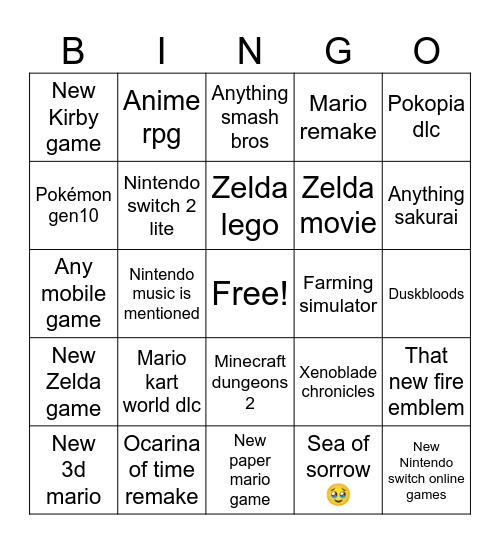 Nintendo direct Bingo Card