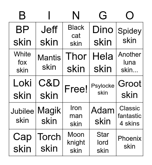 S10 skins Bingo Card