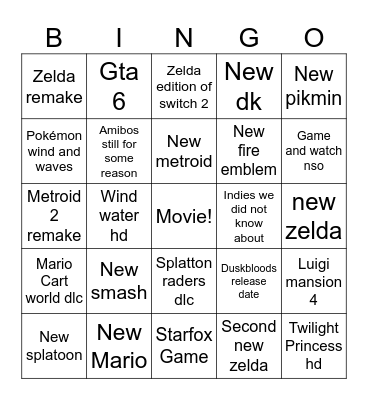 Nintendo double dirrect Bingo Card
