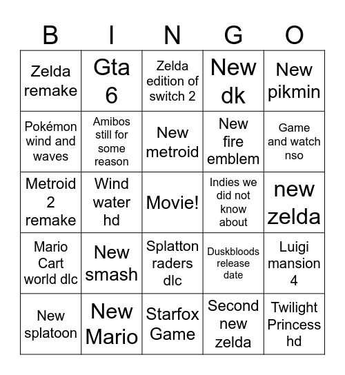 Nintendo double dirrect Bingo Card