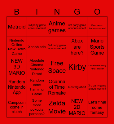 Nintendo bingo Card
