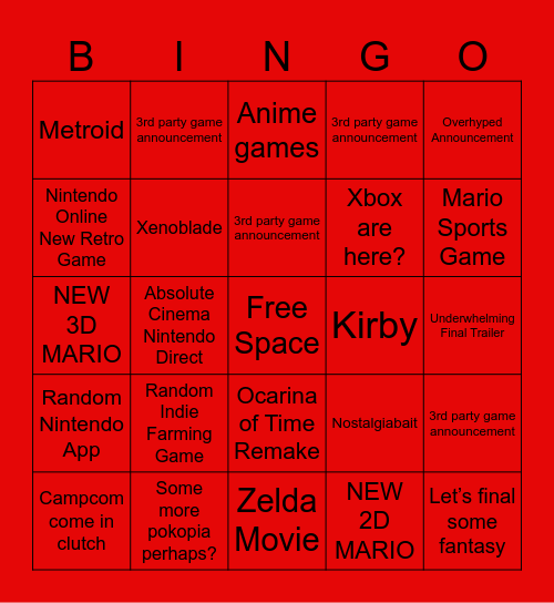 Nintendo bingo Card