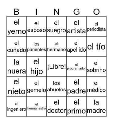 Familia, personas y profesiones Bingo Card