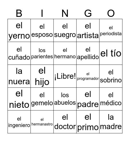 Familia, personas y profesiones Bingo Card
