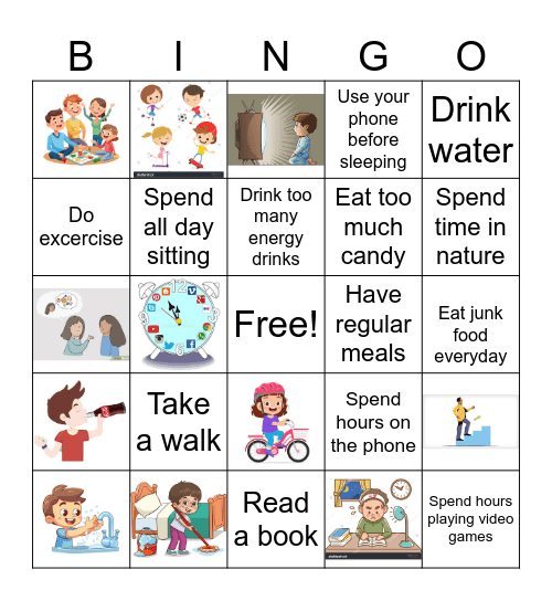 Healthy and Unhealthy habits Bingo Card