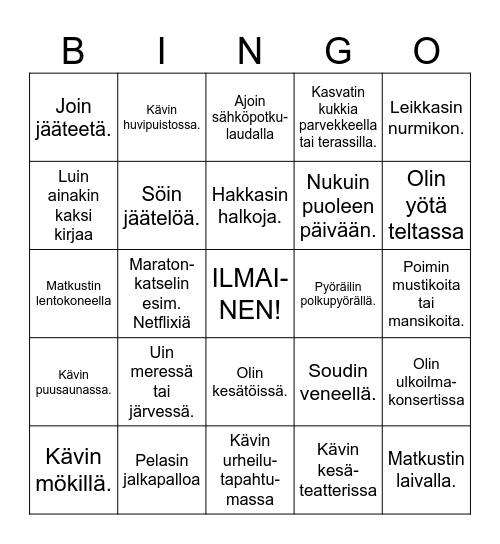 Mitä teit viime kesänä? Bingo Card