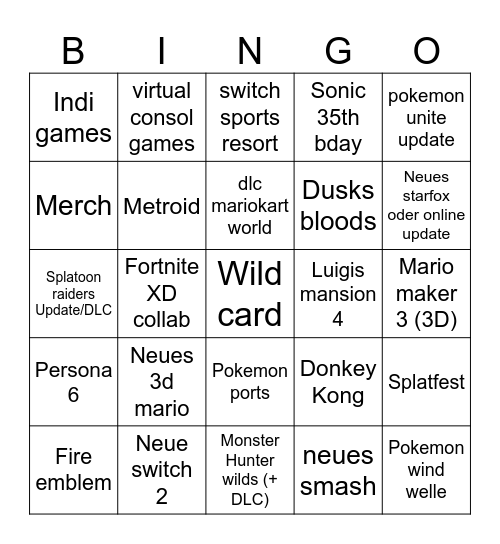 Nintendo direct 2026 Bingo Card