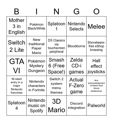 Nintendo Direct Bingo Card