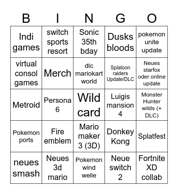 Nintendo direct 2026 Bingo Card