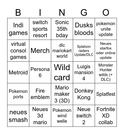 Nintendo direct 2026 Bingo Card