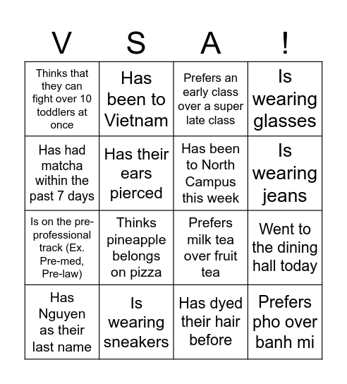 VSA Memory Bingo! Name someone who..... Bingo Card