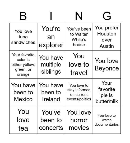 Bridal Bingo Card