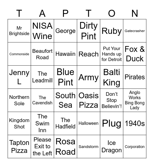 Barmy Army Bingo Card