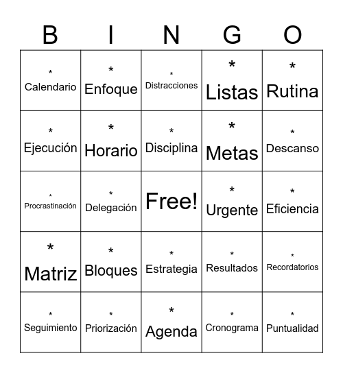 GESTION DEL TIEMPO Bingo Card