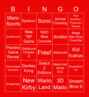 Sept 2026 Nintendo Direct Bingo Card