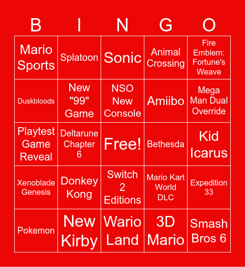 Sept 2026 Nintendo Direct Bingo Card