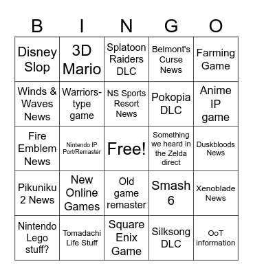 Nintendo Direct Bingo Card