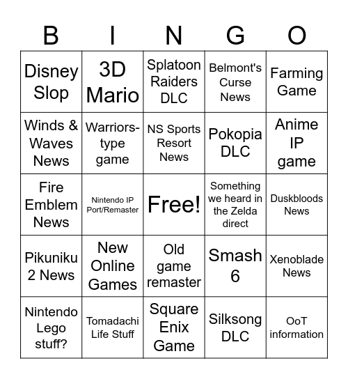 Nintendo Direct Bingo Card