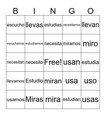 Ar ending verbs Bingo Card