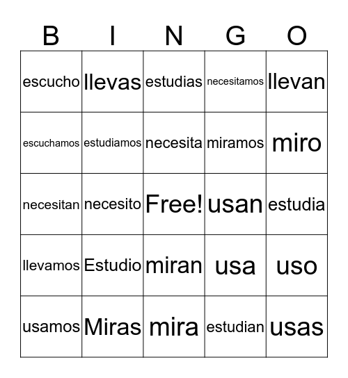 Ar ending verbs Bingo Card