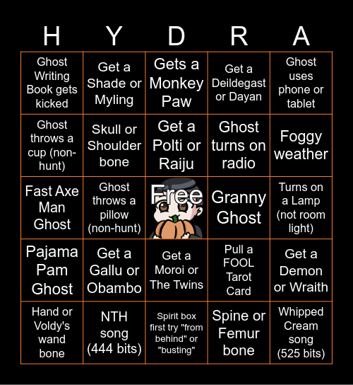 Hydrasung Phasmo Bingo Card