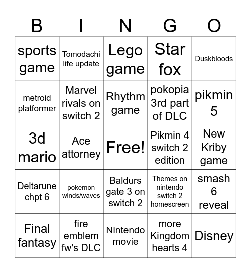 Nintendo direct bingo Card