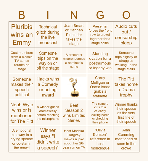 2026 Emmys Bingo Card