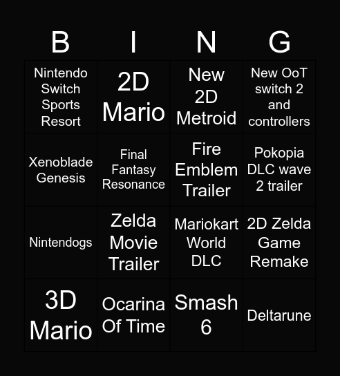 Nintendo Directs Preditiction Bingo Card