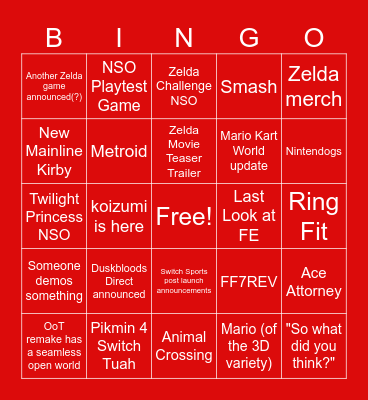 Nintendo Direct September 2026 Bingo Card