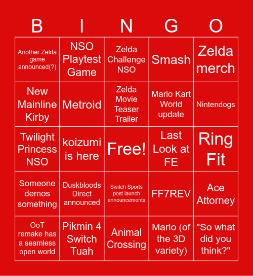 Nintendo Direct September 2026 Bingo Card