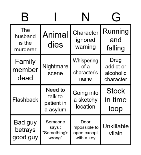 Horror Movie Tropes/Cliché Bingo Card