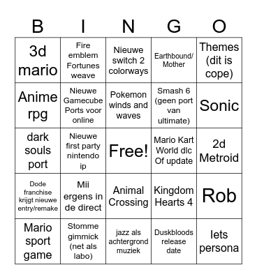Nintendo Direct Bingo Justin Bingo Card