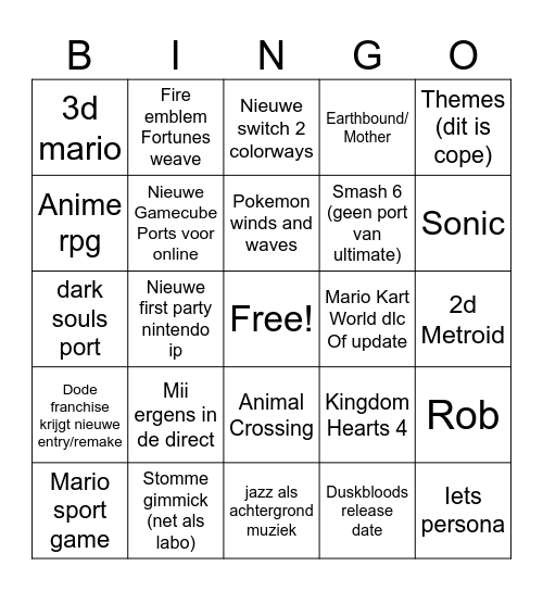 Nintendo Direct Bingo Justin Bingo Card