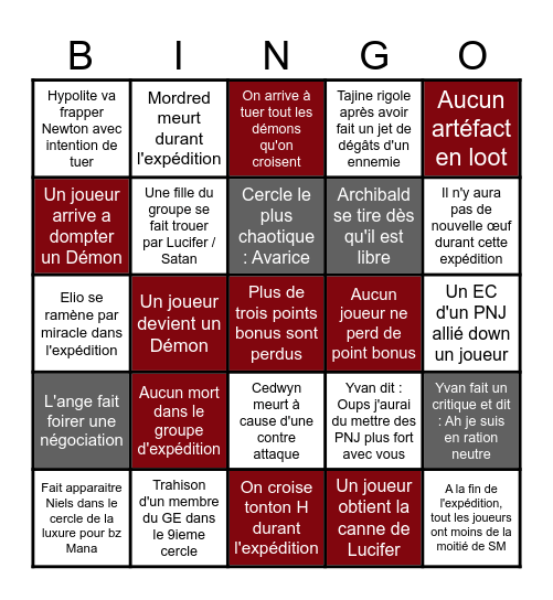 Bingo des enfers Bingo Card